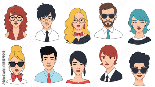 Collection of ten diverse character avatars showcasing a variety of ethnic backgrounds, hairstyles, and accessories in a clean flat design.