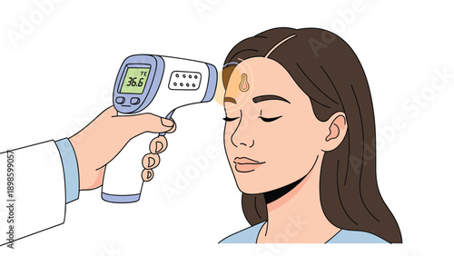 Doctor measuring a woman temperature using a non contact infrared thermometer as part of a medical health screening procedure.