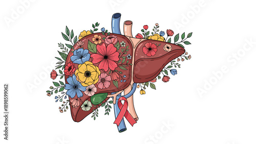 Human liver illustration decorated with vibrant colorful flowers and green leaves features a red ribbon for medical awareness.