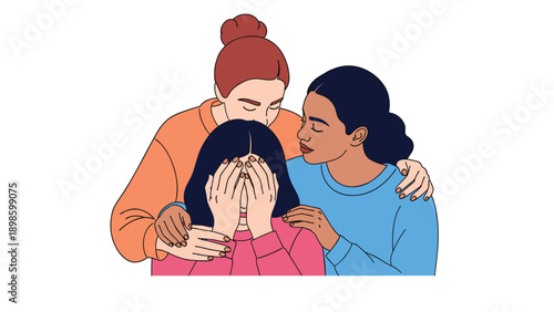 Group of supportive women from different ethnicities comfort a crying friend in an illustration about empathy and friendship.