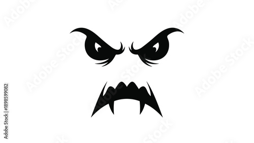 Angry monster face with sharp eyes and jagged fanged teeth is shown in a black silhouette style suitable for halloween design.