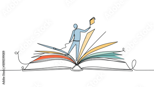 Creative single line drawing shows a tiny human figure walking across the open pages of a large book while holding a smaller one.