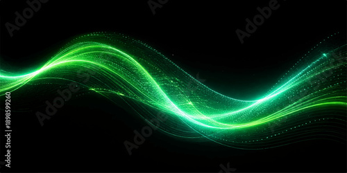 A futuristic abstract fractal burst arrangement features glowing neon blue and green wave lines creating an energetic motion effect against a dark black textured backdrop wallpaper design