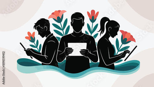 People using devices with flowers background modern illustration
