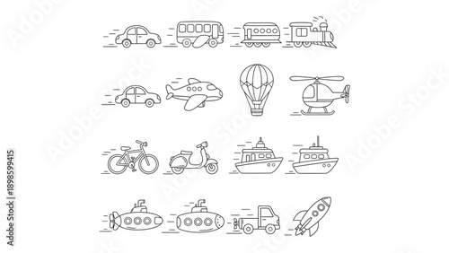 Transportation Icons in Black and White: A collection of meticulously crafted, minimalist transportation icons in a clean, monochromatic scheme, conveying the essence of movement and travel.