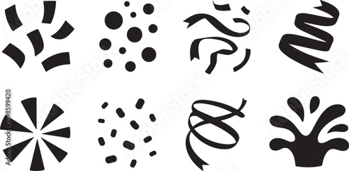 Collection of simple black silhouettes showing various falling confetti and celebration streamer designs