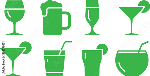 Collection of green drink glass icons perfect for menus and beverage related graphic designs
