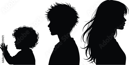 Black silhouettes of a baby, young man, and woman in profile, diverse family age groups, head and shoulder portraits on white.