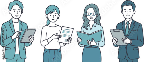 書類とタブレットを持つビジネスチーム　提案・確認・業務対応イラストセット