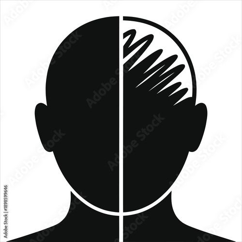 Calm vs stressed mind split head silhouette illustration – mental health anxiety depression concept, human profile divided into peaceful and chaotic brain sides, psychology stress management icon