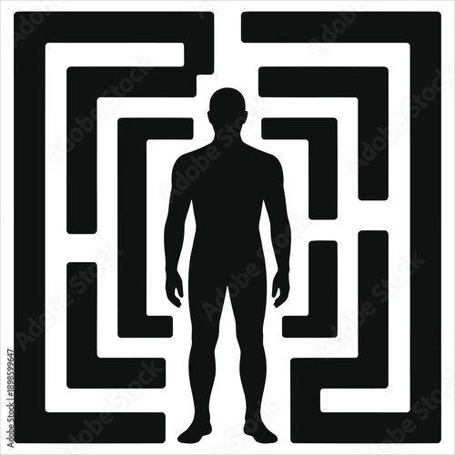 Human silhouette trapped inside a complex maze. Conceptual vector icon for psychology, confinement, problem-solving, and mental challenges. Minimalist black and white design.