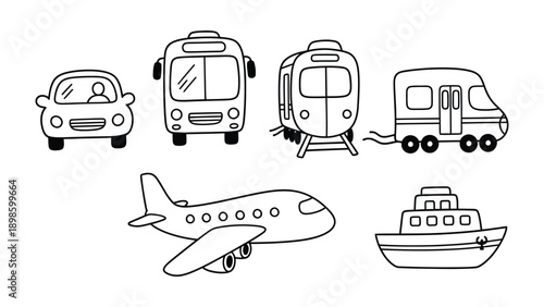 Vehicular Voyage: A diverse fleet of transportation modes, each meticulously outlined, invites the viewer on an imaginative journey across land, air, and sea.