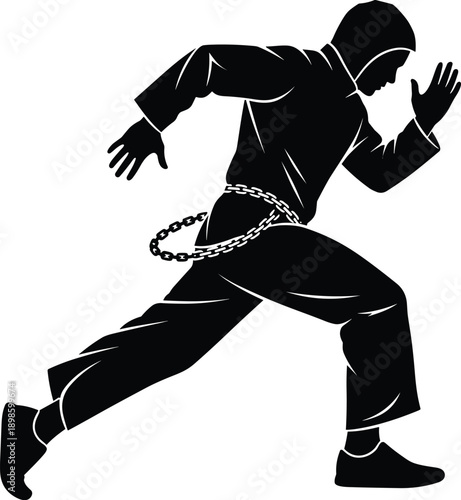 Black silhouette illustration of chained prisoner running, escape concept, crime and justice symbolism, human rights, freedom struggle, urgency motion, isolated on white background for editorial
