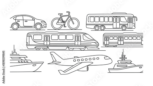 Transportation Means: An illustration of various modes of transportation in a simple and clean design. Perfect for projects related to travel, logistics, and mobility. 