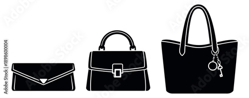 Elegant line art handbag set featuring a clutch, tote, and classic satchel for fashion accessories