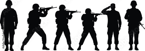 Black silhouette illustration of soldiers in various military poses with rifles and salute, isolated on white background for defense, army, security, tactical concept design use