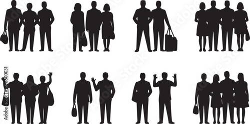 Various groups of people silhouettes standing together, some carrying bags and others waving hello