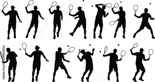 Collection of black silhouettes of tennis players in various action poses hitting balls with rackets isolated on a white background,