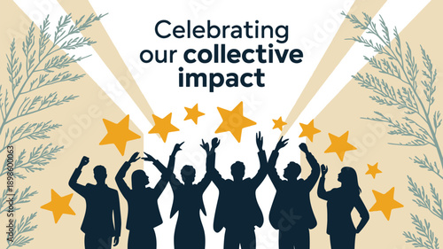 Diverse group of people celebrating success with raised hands and stars