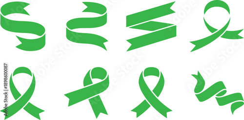 Versatile collection of eight distinct green ribbon shapes suitable for various awareness campaigns and decorative accents