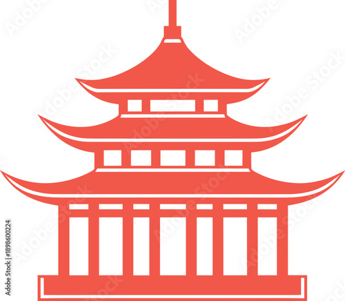 Traditional Asian pagoda temple icon illustration in minimal flat design, red silhouette architecture symbol representing Japanese or Chinese culture, travel landmark, spiritual heritage concept 