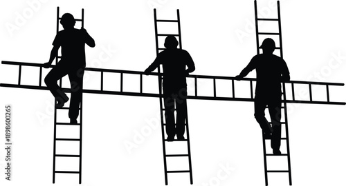 Construction workers ladder silhouette illustration, teamwork safety concept, industrial labor scene, maintenance workers climbing ladders background
