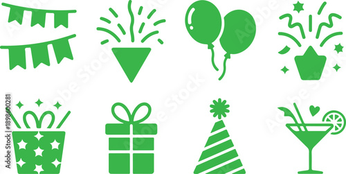 A festive array of green party celebration icons such as banners, gifts, balloons, and cocktails