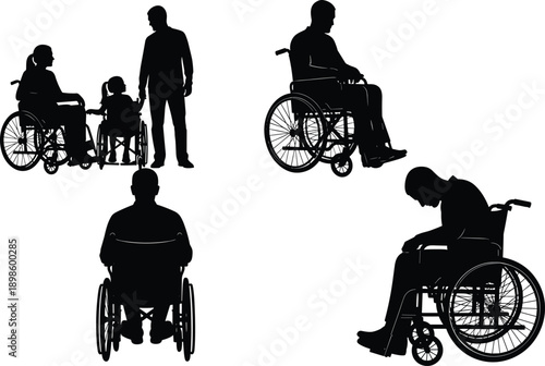 Black silhouettes of people in wheelchairs, family with disabled mother and child, accessibility icons, medical healthcare and inclusion, isolated on white.
