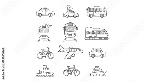 Transportation Sketch Collection: A whimsical assortment of hand-drawn sketches presents an array of transportation modes, inviting curiosity and sparking imagination. 