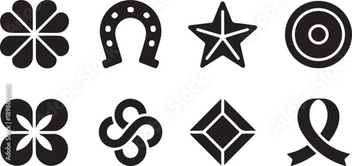 Assortment of black silhouette icons depicting various lucky charms and symbolic objects