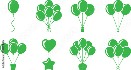 A collection of green balloon silhouettes illustrating various festive shapes and bunches for celebrations