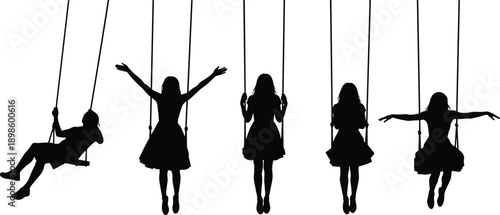 Children silhouette swinging on playground swings, joyful kids playing together, black vector illustration isolated on white background design concept graphic
