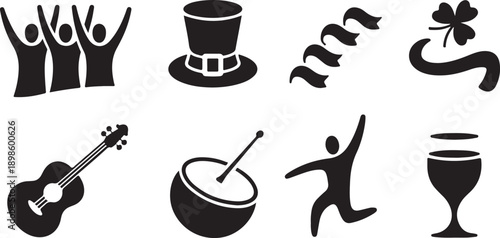 Assortment of St Patricks Day symbols and celebration elements like a shamrock, top hat, and musical instruments