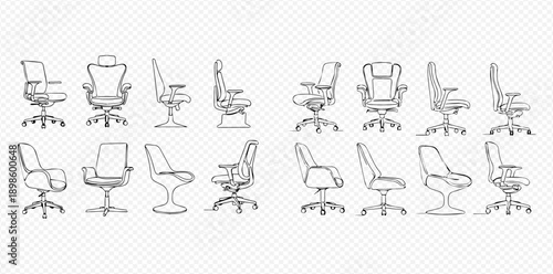 Set of various office chairs in linear style, illustrating different designs and angles for workspace furniture.
