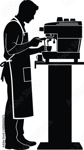 Barista silhouette preparing espresso on professional coffee machine, café worker brewing hot drinks, coffee shop service concept, hospitality industry illustration isolated on white background
