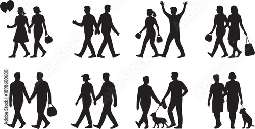Black silhouettes of diverse couples and individuals walking, celebrating, and with pets in various poses