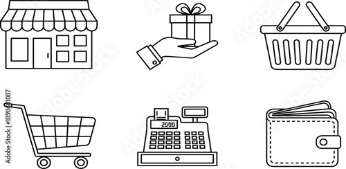 Vector, line, icons, of, a, storefront, gift, box, shopping, basket, cart, cash, register, and, wallet, for, retail, commerce, and, business (20 words)Vector, line, icons, of, a, storefront, 