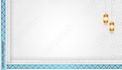 Luxury white Ramadan Kareem Background. Islamic background for festivals with luxury blue border