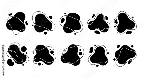 Abstract black liquid shapes with thin line frames and dots.