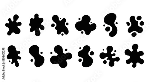 Abstract black ink blot splashes and liquid shapes set.