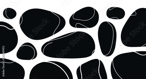 Smooth black river stones with white outlines on a white background.