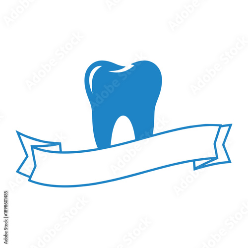 Blue tooth with white ribbon banner for dental text