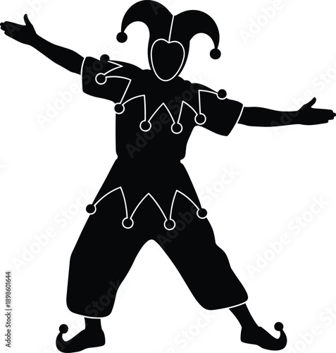Playful jester silhouette illustration with outstretched arms, medieval clown costume, theatrical character isolated on white background for carnival posters, festival branding, party invitations