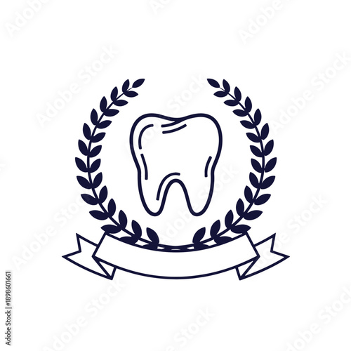 Dark blue outline of a tooth with laurel wreath and ribbon dental dentistry medical