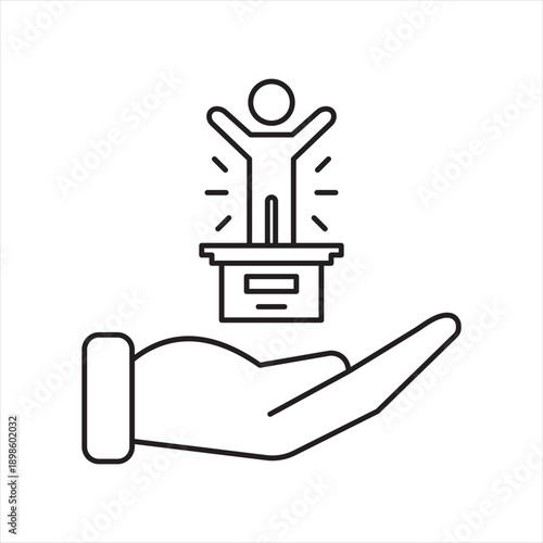 A minimalist outline icon of success: one hand supporting another that lifts a statuette of an accomplished person, symbolizing achievement, trust, and shared victory. For your design. Vector EPS 10.