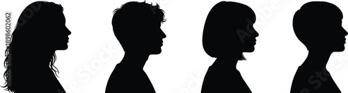 Human face profile silhouettes set, men and women side view heads, black shadow portrait collection isolated on white background
