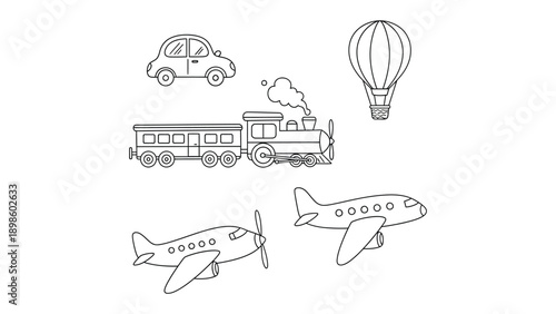 Sketch Transport Collection: A charming collection of transport vehicles, artfully sketched in grayscale, including a classic car, steam train, hot air balloon, propeller plane, and jet plane.