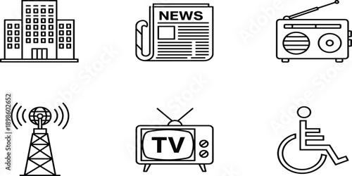 Media and communication line icon set featuring television radio newspaper news broadcast tower office building and wheelchair accessibility sign symbolsMedia 