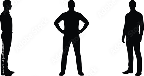 Male standing silhouette collection front side back view confident pose human body outline isolated on white background illustration