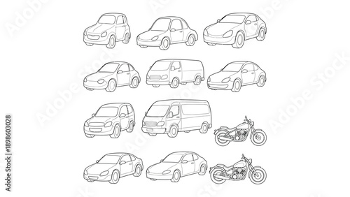 Transportation Variety: A comprehensive collection of various vehicles, including cars, vans, and motorcycles, meticulously rendered in elegant line art.